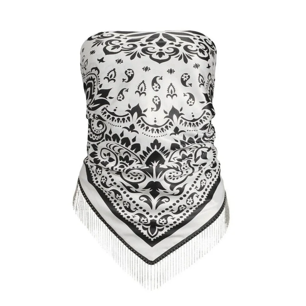 Black Paisley Bandana Rhinestones Fringe Tube Top Scarf Western Whimsigoth Sexy